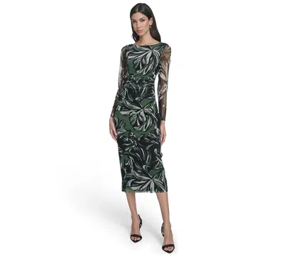 Vince Camuto Print Long Sleeve Mesh Body-con Dress In Green