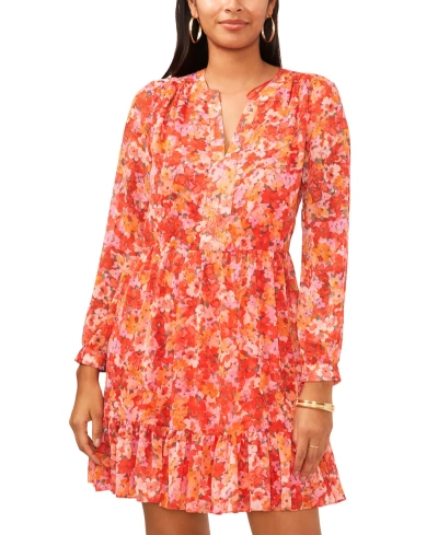 Vince Camuto Women's Floral Printed Long Sleeve Split Neck Tiered Baby Doll Dress In Tulip Red
