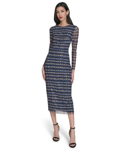 Vince Camuto Women's Printed-mesh Long-sleeve Bodycon Dress In Blue