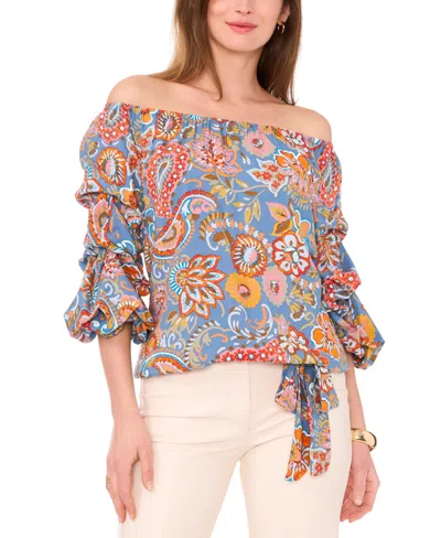 Vince Camuto Women's Printed Off The Shoulder Bubble Sleeve Tie Front Blouse In Storm Blue