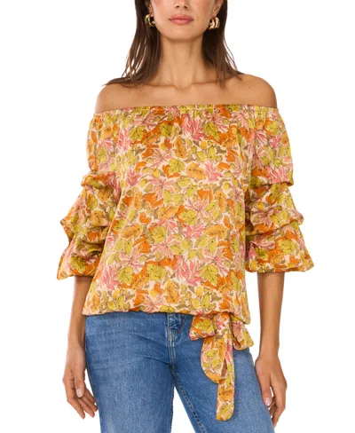VINCE CAMUTO WOMEN'S PRINTED OFF-THE-SHOULDER BUBBLE 3/4-SLEEVE TIE-FRONT BLOUSE