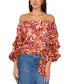 Vince Camuto Paisley Off The Shoulder Bubble Sleeve Top In Wine