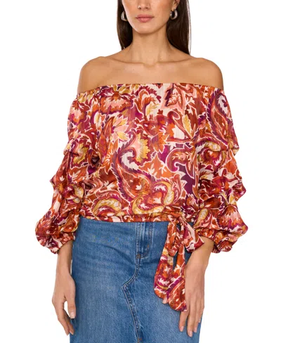 VINCE CAMUTO WOMEN'S PRINTED OFF-THE-SHOULDER BUBBLE 3/4-SLEEVE TIE-FRONT BLOUSE