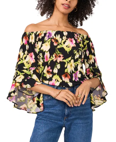 Vince Camuto Women's Printed Off-the-shoulder Flutter-sleeve Top In Rich Black