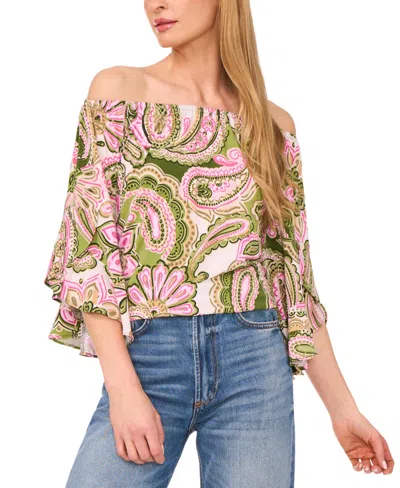 Vince Camuto Off The Shoulder Flutter Sleeve Top In Green Paisley