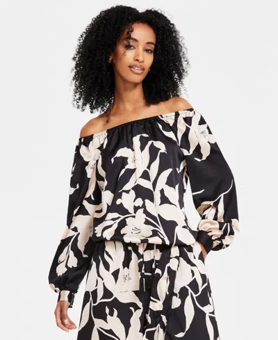 Vince Camuto Women's Floral Off-the-shoulder Long-sleeve Tie-front Blouse In Rich Black