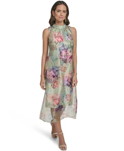 Vince Camuto Women's Printed Overlay Mock Neck Midi Dress In Green