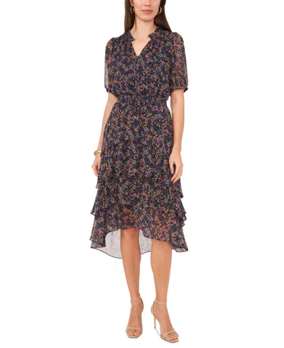 Vince Camuto Women's Printed Puff-sleeve Tiered Dress In Classic Navy