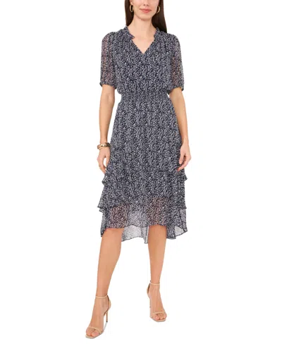 Vince Camuto Women's Printed Puff Sleeve Tiered Midi Dress In Classic Navy