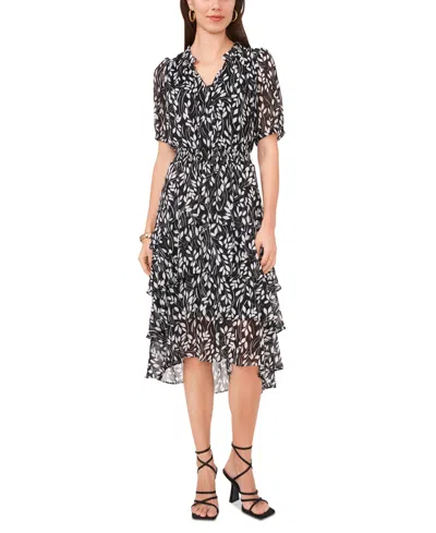 Vince Camuto Women's Printed Puff-sleeve Tiered Midi Dress In Rich Black