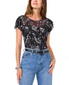 Vince Camuto Floral Print Ruffle Sleeve Mesh Top In Rich Black