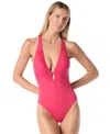 Vince Camuto Women's Printed Shirred Plunge One-piece Swimsuit In Red