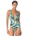 Vince Camuto Women's Printed Shirred Plunge One-piece Swimsuit In Green