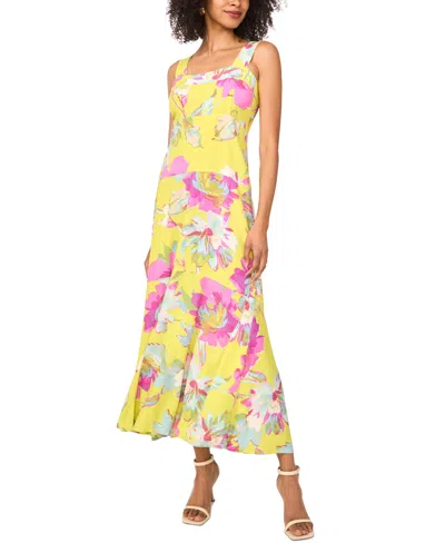 Vince Camuto Plus Size Floral Square-neck Smocked-back Sleeveless Maxi Dress In Lime Green