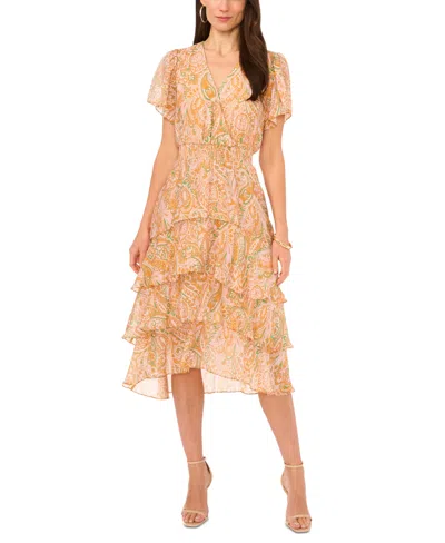 Vince Camuto Women's Printed Smocked-waist Faux-wrap Tiered Midi Dress In Bright Marigold