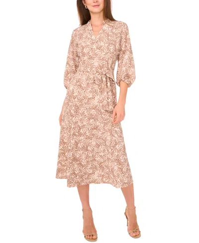 Vince Camuto Women's Printed Split-neck Belted Midi Dress In Brown