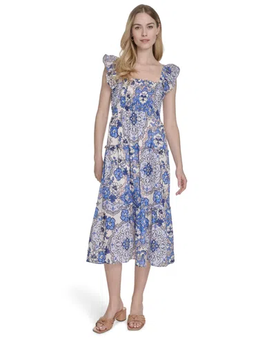 Vince Camuto Women's Printed Square-neck Ruffle-strap Dress In Blue