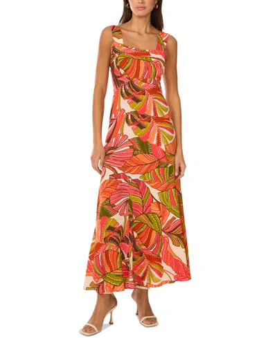 Vince Camuto Women's Tropical-print Square-neck Smocked-back Sleeveless Maxi Dress In Coral
