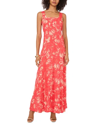 Vince Camuto Women's Printed Square-neck Smocked-back Sleeveless Maxi Dress In Coral
