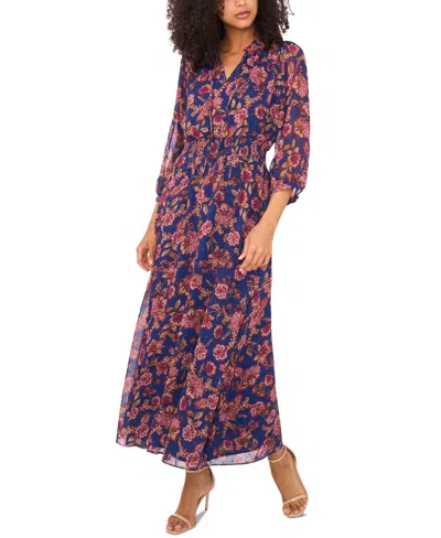 Vince Camuto Women's Printed Tie-neck Puff-sleeve Maxi Dress In Blue