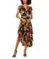 Vince Camuto Floral Print Flutter Sleeve Asymmetric Midi Dress In Coral