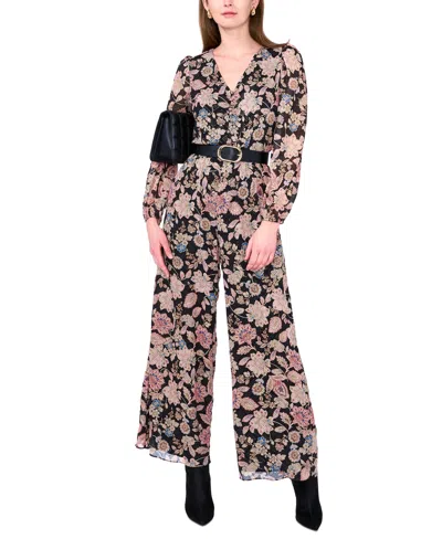 Vince Camuto Women's Printed V-neck Long-sleeve Jumpsuit In Rich Black
