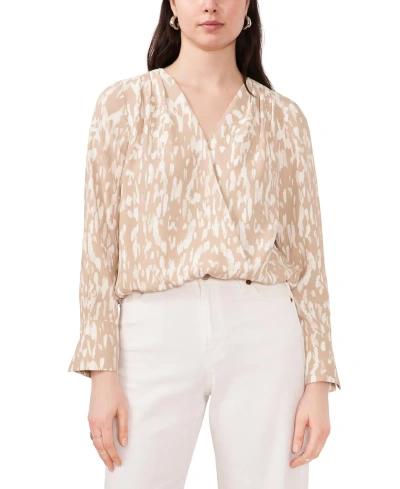 Vince Camuto Women's Printed V-neck Pleated Shoulder Long Sleeve Top In Soft Cream
