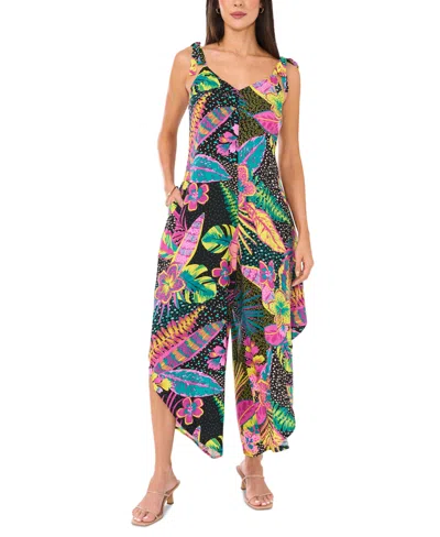 Vince Camuto Women's Tropical-print V-neck Sleeveless Tie-shoulder Angled-hem Jumpsuit In Wild Aster
