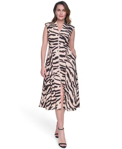 Vince Camuto Abstract Animal Print Cocktail Midi Dress In Brown