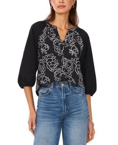 VINCE CAMUTO WOMEN'S RAGLAN-SLEEVE EMBROIDERED BUTTON-FRONT TOP