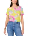 Vince Camuto Floral Print Rolled Cuff Top In Lime Green