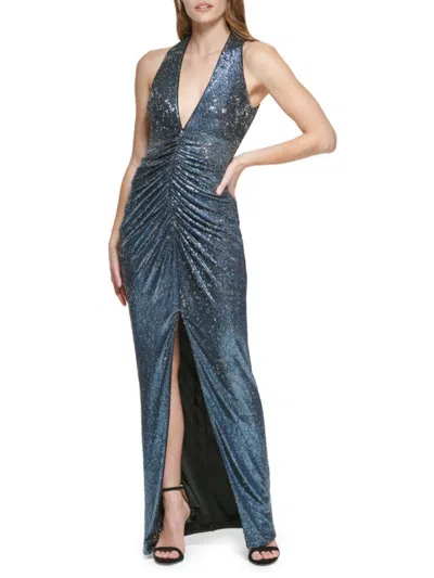 Vince Camuto Women's Ruched Sequin High-slit Gown In Blue