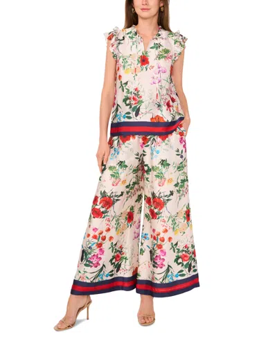 Vince Camuto Women's Satin Floral-print Ruffled Sleeve Top In Ivory Floral