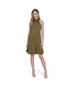 Vince Camuto Petite Satin Mock-neck Sleeveless Short Dress In Green