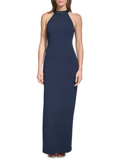 Vince Camuto Women's Sequin Trim Sleevless Column Gown In Blue