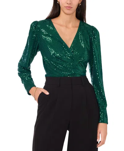 Vince Camuto Women's Sequined Faux-wrap Long-sleeve Top In Arresting Emerald