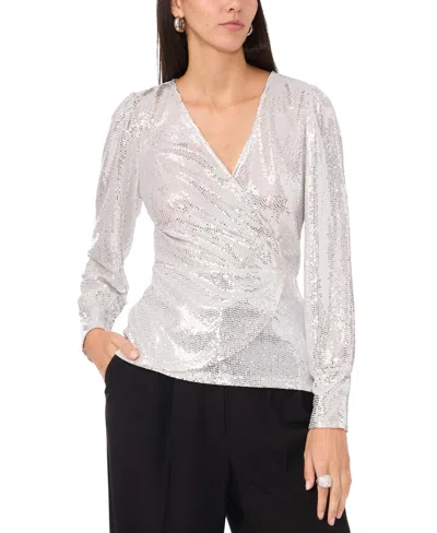 Vince Camuto Women's Sequined Faux-wrap Long-sleeve Top In Silver