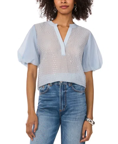 VINCE CAMUTO WOMEN'S SEQUINED PUFFED-SLEEVE SHEER V-NECK TOP