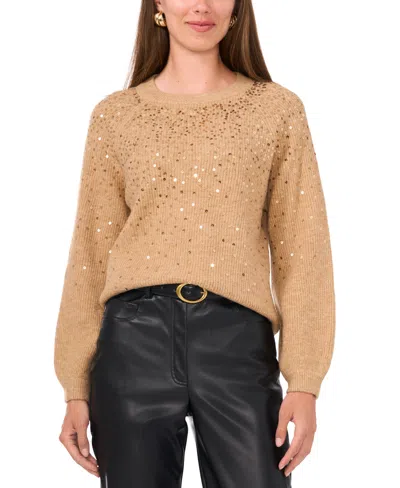 Vince Camuto Mademoiselle Womens Ribbed Acrylic Crewneck Sweater In Latte Heather