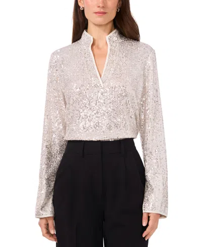 Vince Camuto Women's Sequined Split-neck Tunic Blouse In Silver