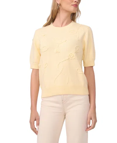 Vince Camuto Women's Short-sleeve Floral Applique Sweater In Yellow