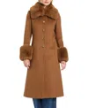 Vince Camuto Single Breasted Coat With Removable Faux Fur Collar & Cuffs In Brown