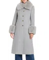 Vince Camuto Wool Blend Coat With Removable Faux Fur Collar And Cuffs In Gray