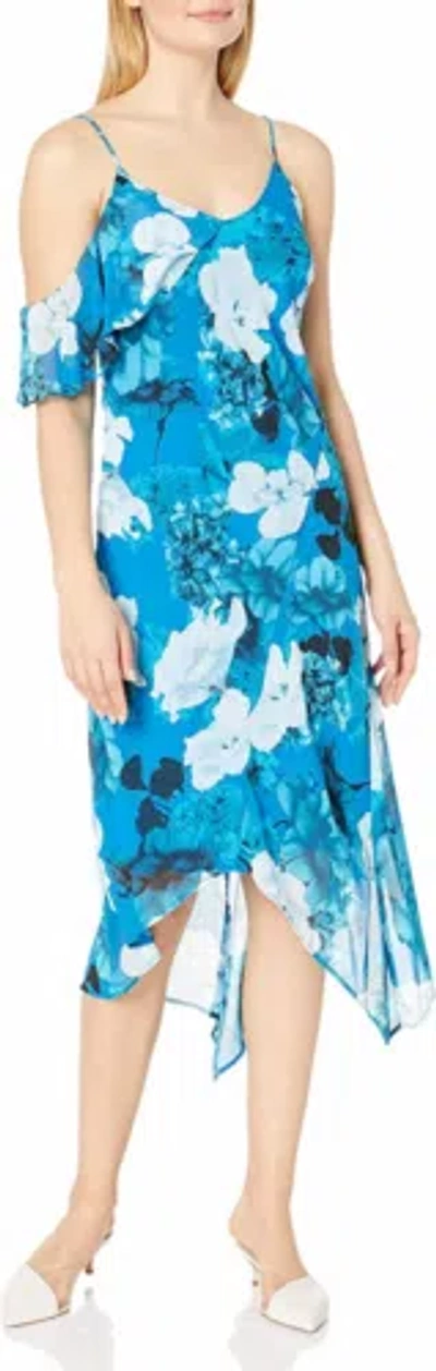 Pre-owned Vince Camuto Women's Sleeveless Asymmetric Ruffled Melody Floral Dress In Lagoon