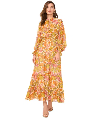 Vince Camuto Women's Smocked-waist Long-sleeve Tiered Maxi Dress In Crushed Orange
