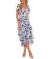 Vince Camuto Floral Print Flutter Sleeve Tiered Ruffle Midi Dress In Ultra White