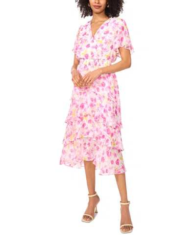 VINCE CAMUTO WOMEN'S SMOCKED WAIST V-NECK TIERED MIDI DRESS