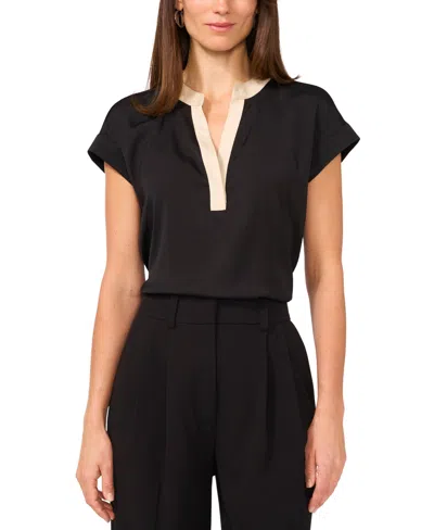 Vince Camuto Women's Split-neck Contrast-trim Cap-sleeve Top In Rich Black