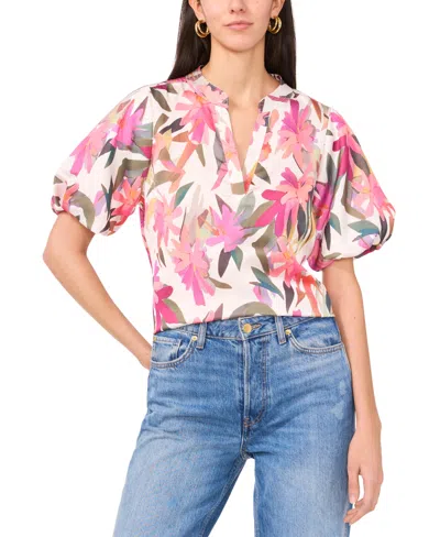 Vince Camuto Women's Split-neck Floral-print Top In White