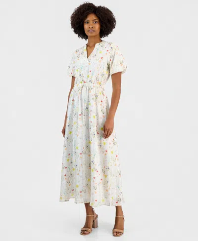 Vince Camuto V-neck Puff Sleeve Linen-blend Maxi Dress In White